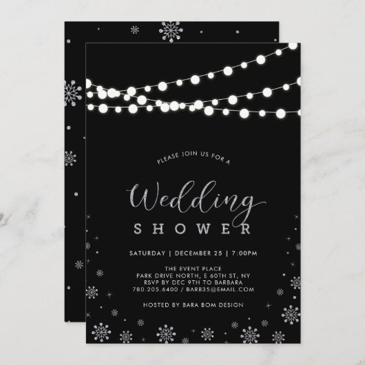 Silver & Black String Lights Winter Wedding Shower Kaart (Voorkant / Achterkant)