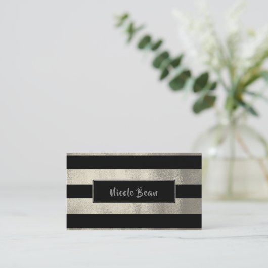 Silver & Black Stripes Chic Modern Glam Visitekaartje (Staand voorkant)