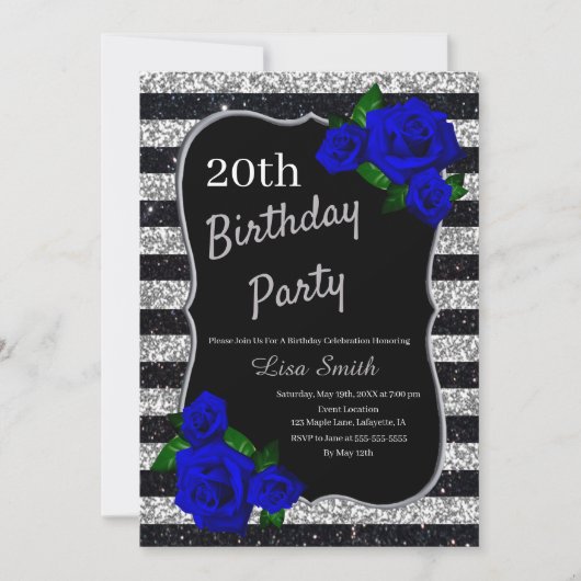 Silver Black Stripes Glitter Deep Blue Rozen Kaart (Voorkant)