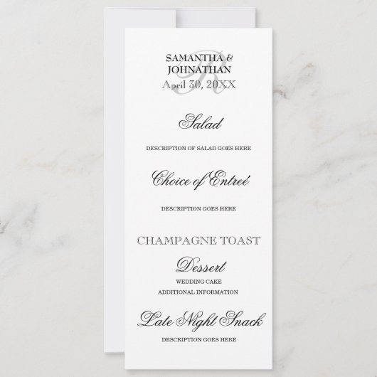 Silver Black White bruiloft DIY menu diner Kaart (Voorkant)