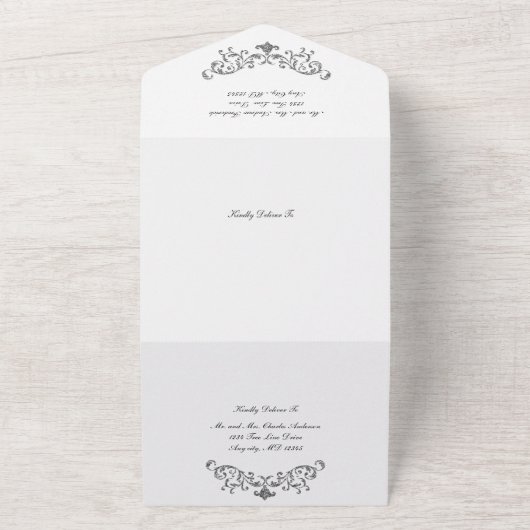 Silver Black White Flourish formeel huwelijk All In One Uitnodiging (Buitenkant)