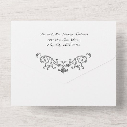 Silver Black White Flourish formeel huwelijk All In One Uitnodiging (Achterkant)
