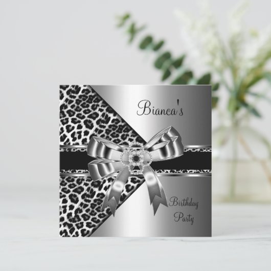 Silver Black White Leopard Diamond Jewel Bow Kaart (Staand voorkant)