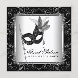 Silver Black White Sweet 16 Masquerade Party Kaart