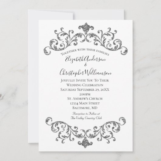 Silver Black White  Vlourish Formal Wedding Kaart (Voorkant)