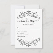 Silver Black White Vlourish Formal Wedding RSVP Kaartje (Voorkant)