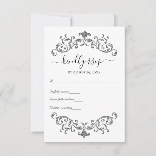 Silver Black White  Vlourish Formal Wedding RSVP Kaartje (Voorkant)
