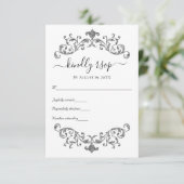 Silver Black White  Vlourish Formal Wedding RSVP Kaartje (Staand voorkant)