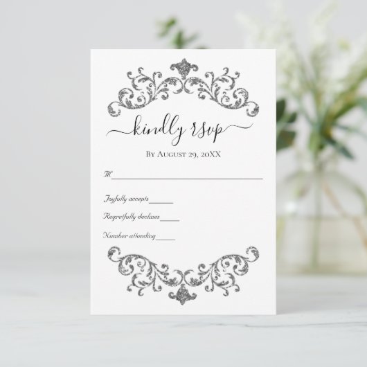 Silver Black White  Vlourish Formal Wedding RSVP Kaartje (Staand voorkant)
