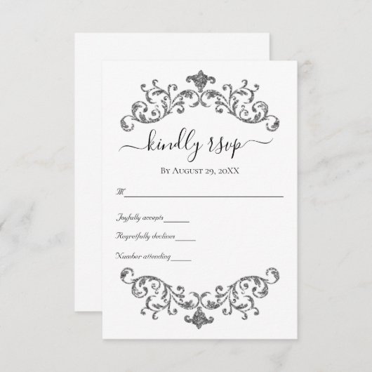 Silver Black White  Vlourish Formal Wedding RSVP Kaartje (Voorkant / Achterkant)