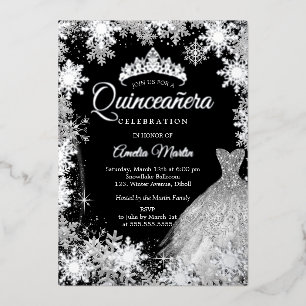 Silver Black Winter Snowflake Quinceanera Folie Uitnodiging