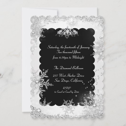 Silver Black Winter Wonderland, zoet 16 Invite Kaart (Achterkant)