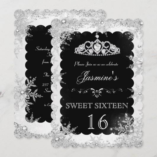 Silver Black Winter Wonderland, zoet 16 Invite Kaart (Voorkant / Achterkant)