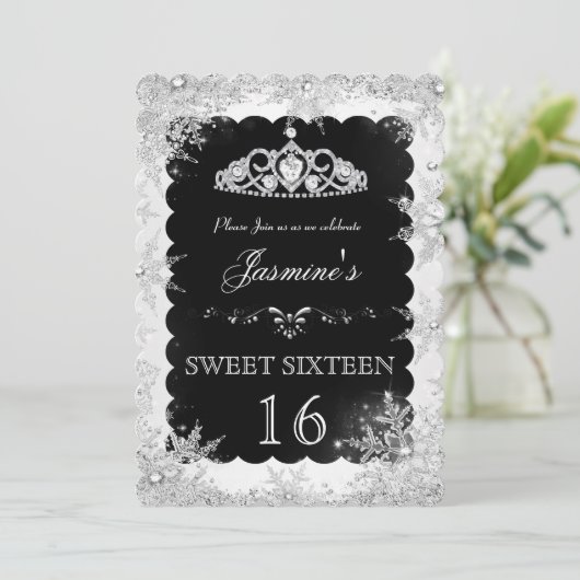 Silver Black Winter Wonderland, zoet 16 Invite Kaart (Staand voorkant)
