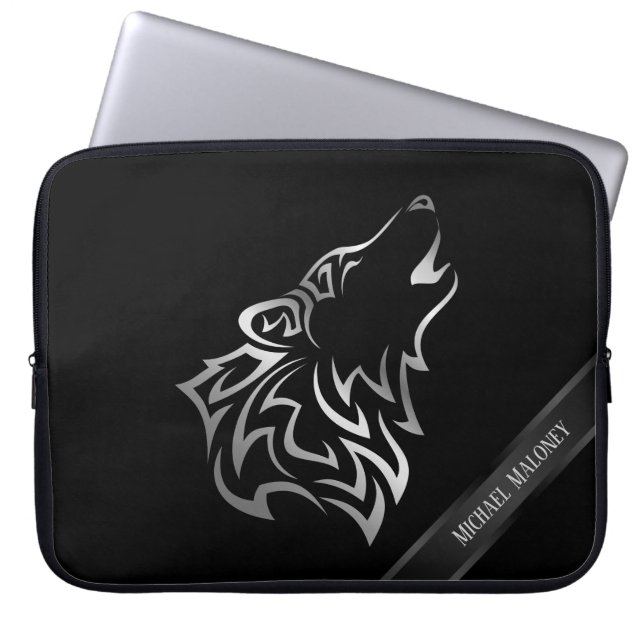 Silver Black Wolf Monogram Vector Laptop Sleeve (Voorkant)