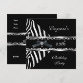 Silver Black Zebra Leopard Invite 25th Birthday Kaart (Voorkant / Achterkant)
