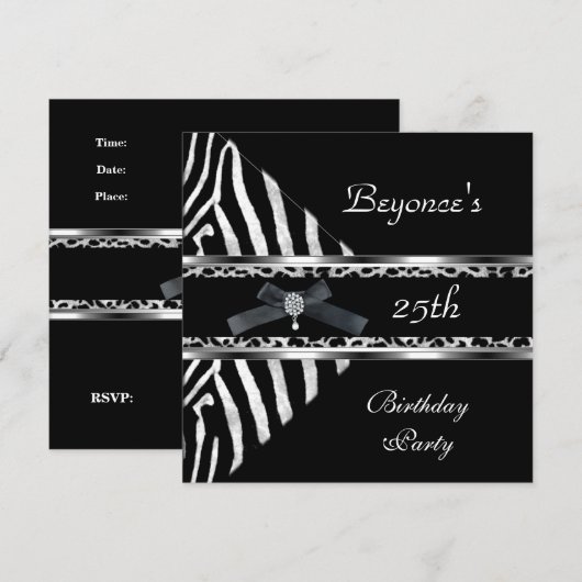 Silver Black Zebra Leopard Invite 25th Birthday Kaart (Voorkant / Achterkant)