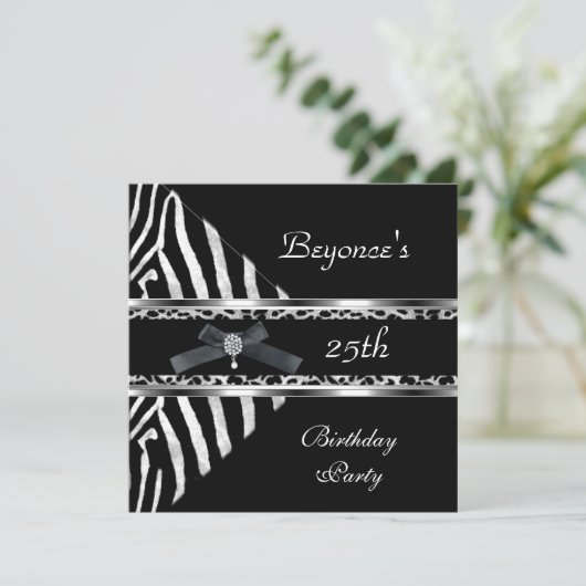 Silver Black Zebra Leopard Invite 25th Birthday Kaart (Staand voorkant)