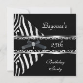 Silver Black Zebra Leopard Invite 25th Birthday Kaart (Voorkant)