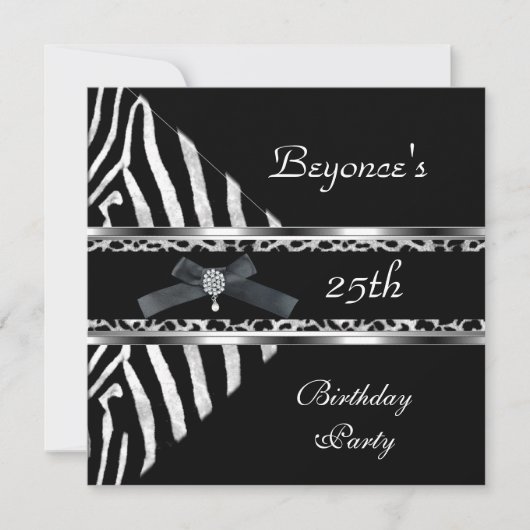 Silver Black Zebra Leopard Invite 25th Birthday Kaart (Voorkant)