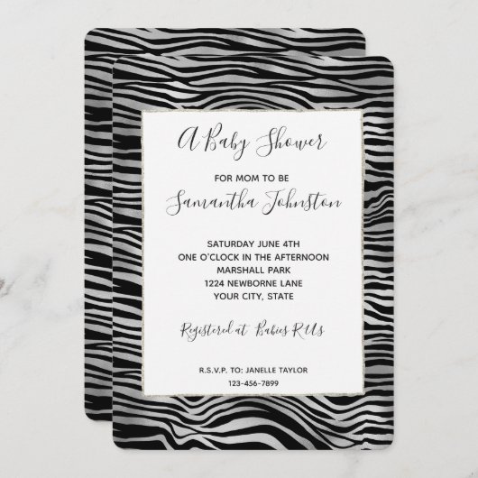 Silver Black Zebra Print Baby shower Kaart (Voorkant / Achterkant)