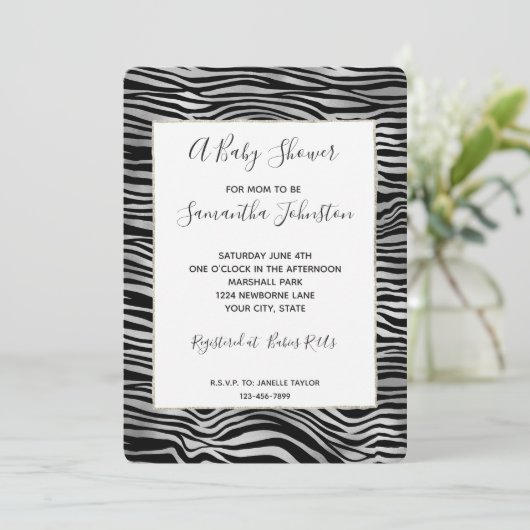 Silver Black Zebra Print Baby shower Kaart (Staand voorkant)