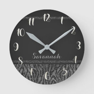 Silver Black Zebra Print Glam Sequins Glitter Ronde Klok