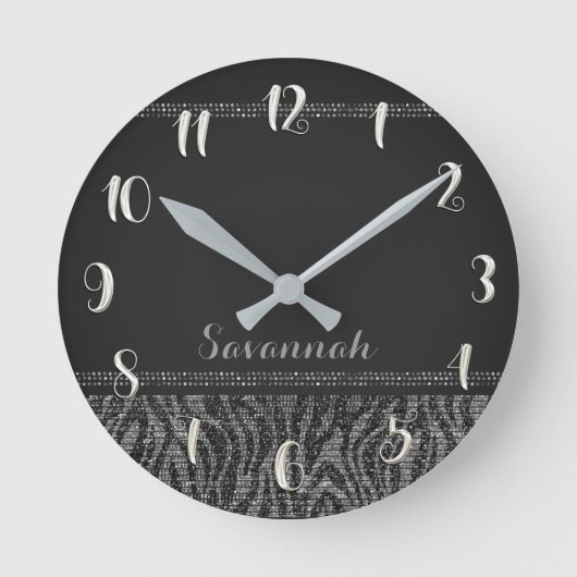 Silver Black Zebra Print Glam Sequins Glitter Ronde Klok (Voorkant)