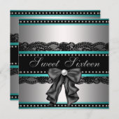 Silver BlackTeal Blue Sweet 16 Verjaardagsfeest Kaart (Voorkant / Achterkant)
