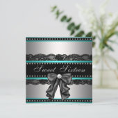 Silver BlackTeal Blue Sweet 16 Verjaardagsfeest Kaart (Staand voorkant)