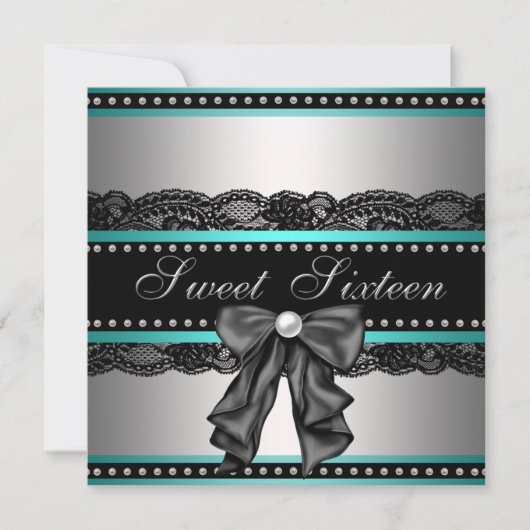 Silver BlackTeal Blue Sweet 16 Verjaardagsfeest Kaart (Voorkant)