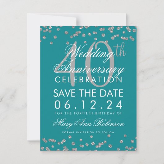 Silver Blauwgroen 40th Wedding Jubileum Confetti Save The Date (Voorkant)