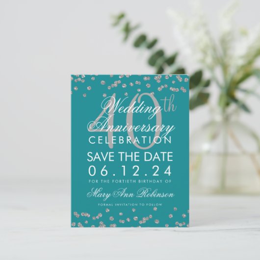 Silver Blauwgroen 40th Wedding Jubileum Confetti Save The Date (Staand voorkant)