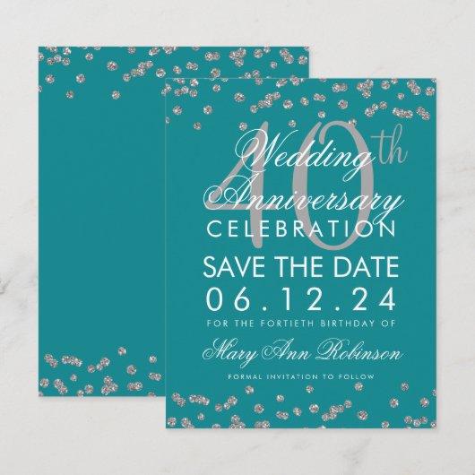 Silver Blauwgroen 40th Wedding Jubileum Confetti Save The Date (Voorkant / Achterkant)