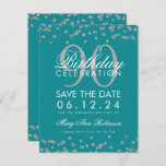 Silver Blauwgroen 90th Birthday Save Date Confetti Kaart<br><div class="desc">Het elegante "90th Birthday Party"-ontwerp met Silver Faux Glitter Confetti Blauwgroen en aangepaste naam en tekst met details. Eenvoudig te gebruiken en eenvoudig aan te passen. Bestel vandaag nog!</div>