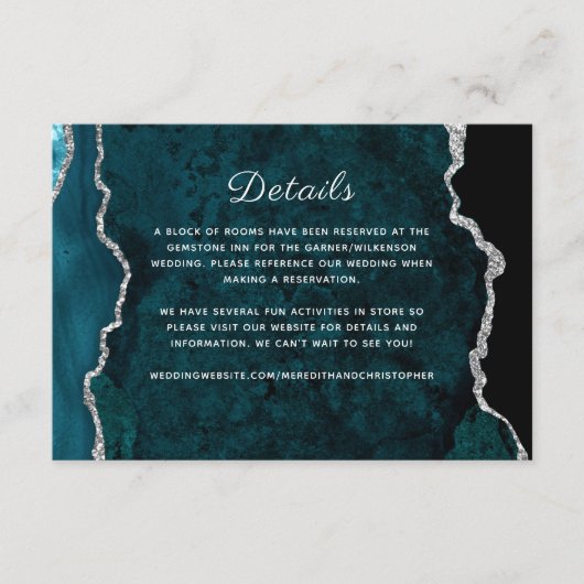 Silver Blauwgroen Agaat Wedding Details Informatiekaartje (Voorkant)
