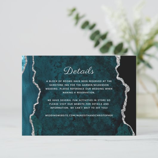 Silver Blauwgroen Agaat Wedding Details Informatiekaartje (Staand voorkant)