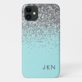 Silver Blauwgroen Aqua Blue Girly Glitter Monogram Case-Mate iPhone Case