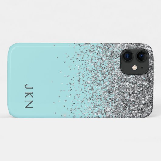 Silver Blauwgroen Aqua Blue Girly Glitter Monogram Case-Mate iPhone Case (Achterkant (horizontaal))