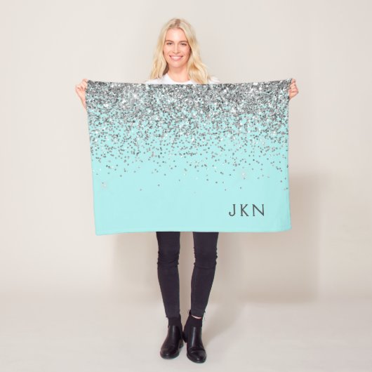 Silver Blauwgroen Aqua Blue Girly Glitter Monogram Fleece Deken (In situ)
