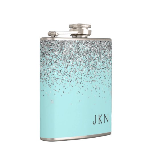 Silver Blauwgroen Aqua Blue Girly Glitter Monogram Heupfles (Rechts)