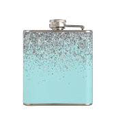 Silver Blauwgroen Aqua Blue Girly Glitter Monogram Heupfles (Achterkant)