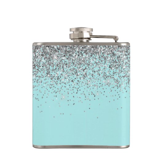 Silver Blauwgroen Aqua Blue Girly Glitter Monogram Heupfles (Achterkant)