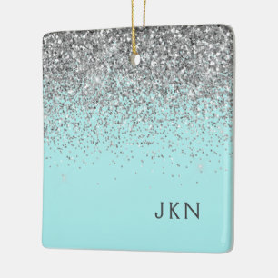 Silver Blauwgroen Aqua Blue Girly Glitter Monogram Keramisch Ornament