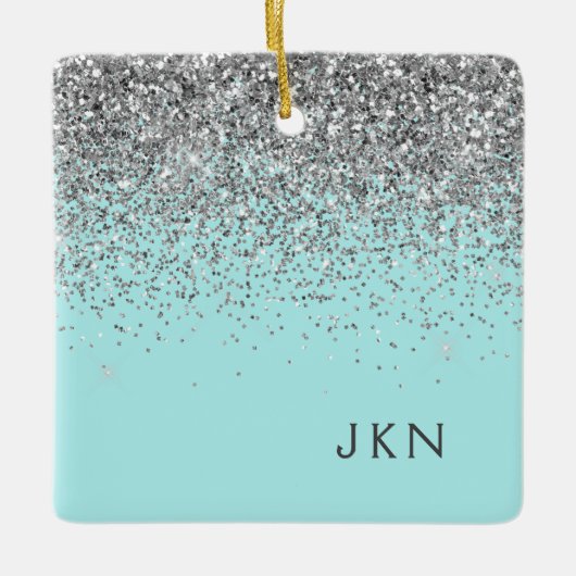 Silver Blauwgroen Aqua Blue Girly Glitter Monogram Keramisch Ornament (Voorkant)
