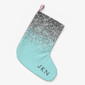 Silver Blauwgroen Aqua Blue Girly Glitter Monogram Kleine Kerstsok (Voorkant (Hangend))