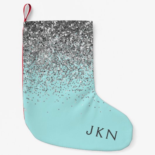 Silver Blauwgroen Aqua Blue Girly Glitter Monogram Kleine Kerstsok (Voorkant)