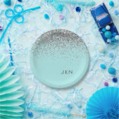 Silver Blauwgroen Aqua Blue Girly Glitter Monogram Papieren Bordje (Feest)