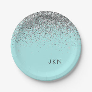 Silver Blauwgroen Aqua Blue Girly Glitter Monogram Papieren Bordje