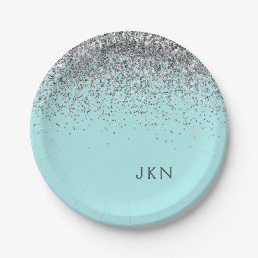 Silver Blauwgroen Aqua Blue Girly Glitter Monogram Papieren Bordje (Voorkant)